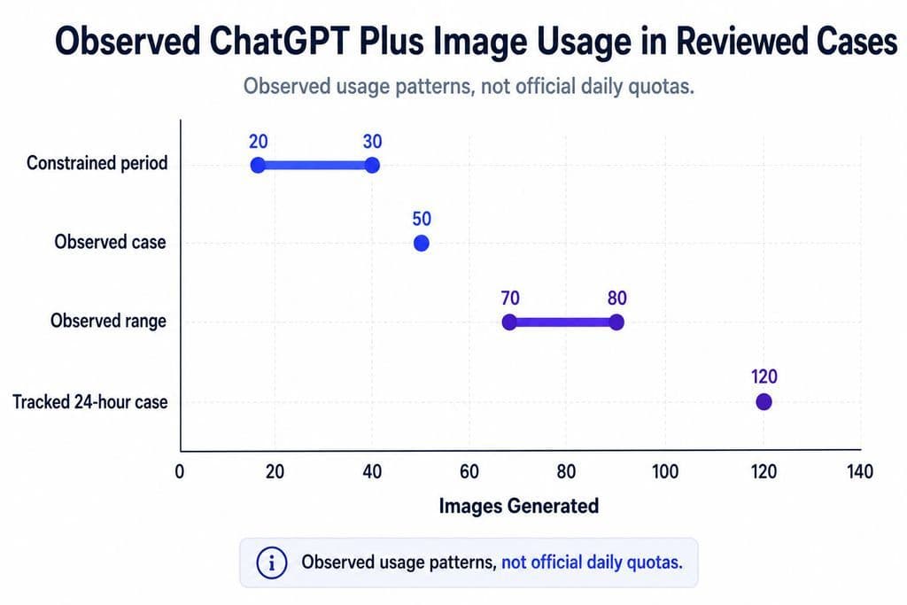 Range-and-dot chart showing reviewed ChatGPT Plus usage observations of 20–30, 50, 70–80, and about 120 images under different conditions; these are observed cases, not official daily limits.