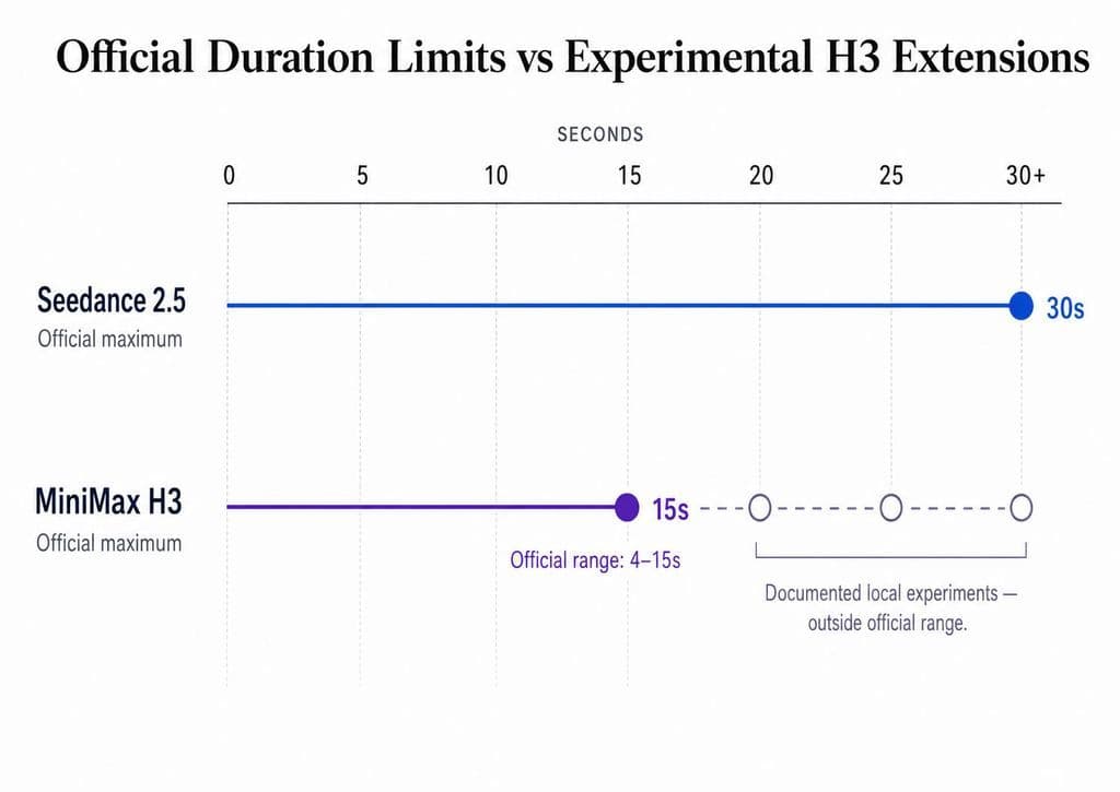 Comparison chart showing Seedance 2.5 with an official maximum duration of 30 seconds, H3 with an official 4–15 second range, and documented local H3 experiments at 20, 25 and 30 seconds outside the official range.
