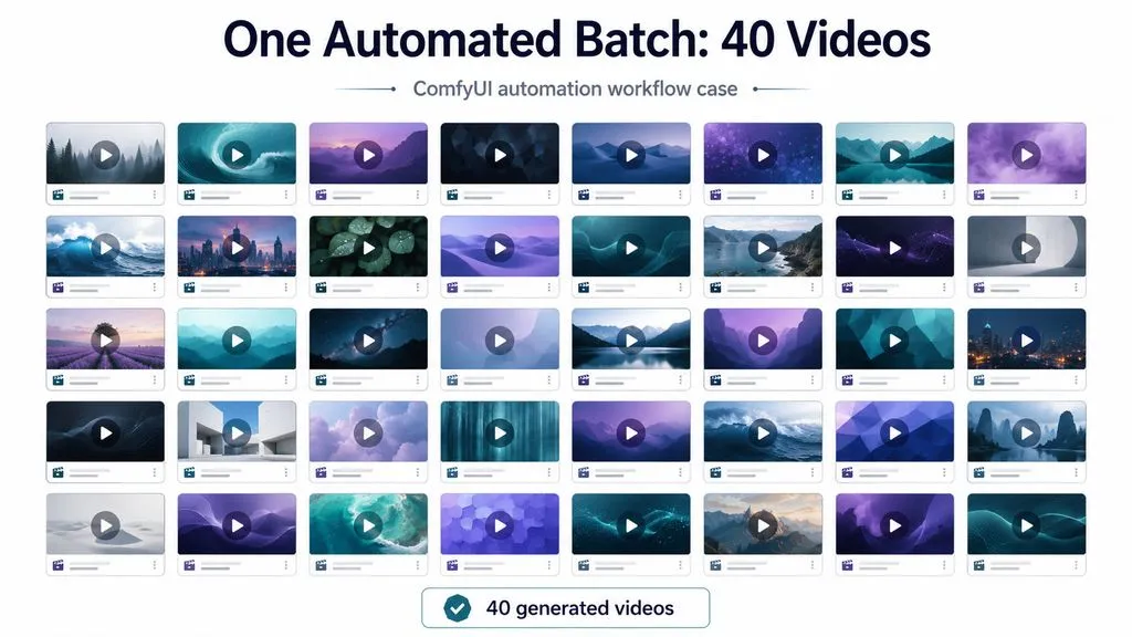 Unit chart displaying 40 video tiles to represent a ComfyUI automation workflow that generated 40 videos in one batch.