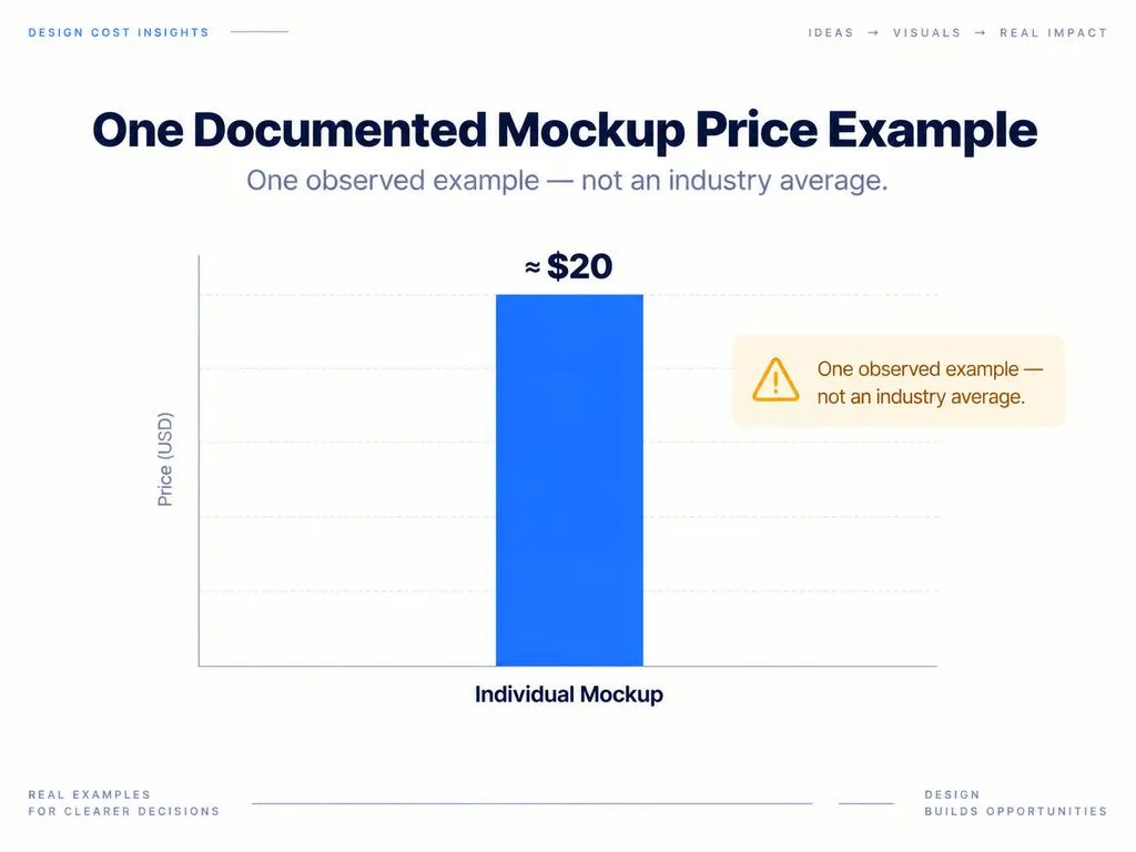 Single-value chart showing one documented example of an individual mockup priced at approximately $20, explicitly labeled as not an industry average.