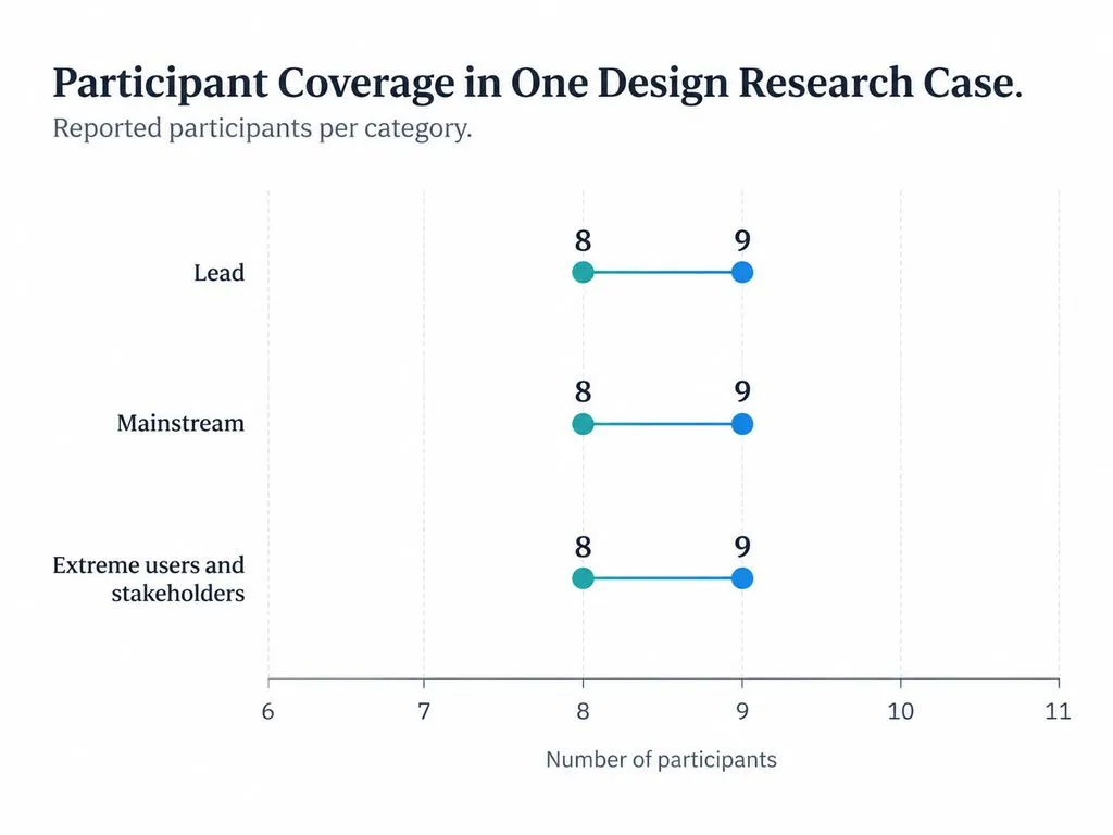 Range dot plot showing approximately 8 to 9 lead, mainstream, and extreme users and stakeholders in each category of one design research case