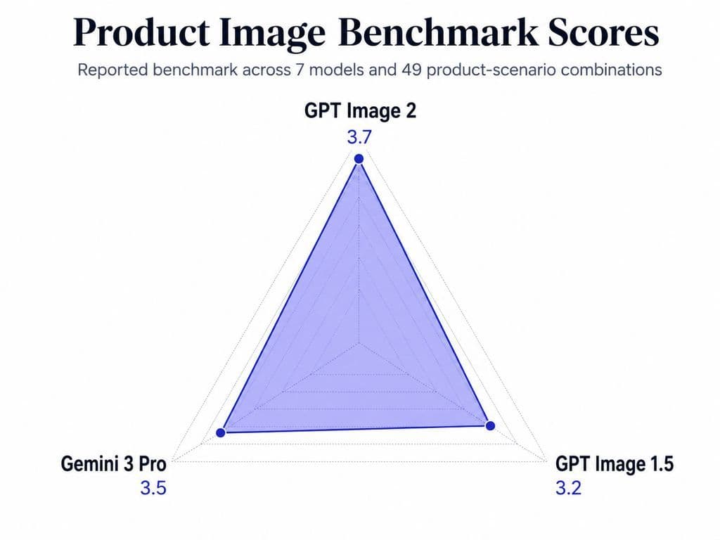 Radar chart of reported product-image benchmark scores: GPT Image 2 scored 3.7, Gemini 3 Pro scored 3.5, and GPT Image 1.5 scored 3.2 in a benchmark covering seven models and 49 product-scenario combinations.