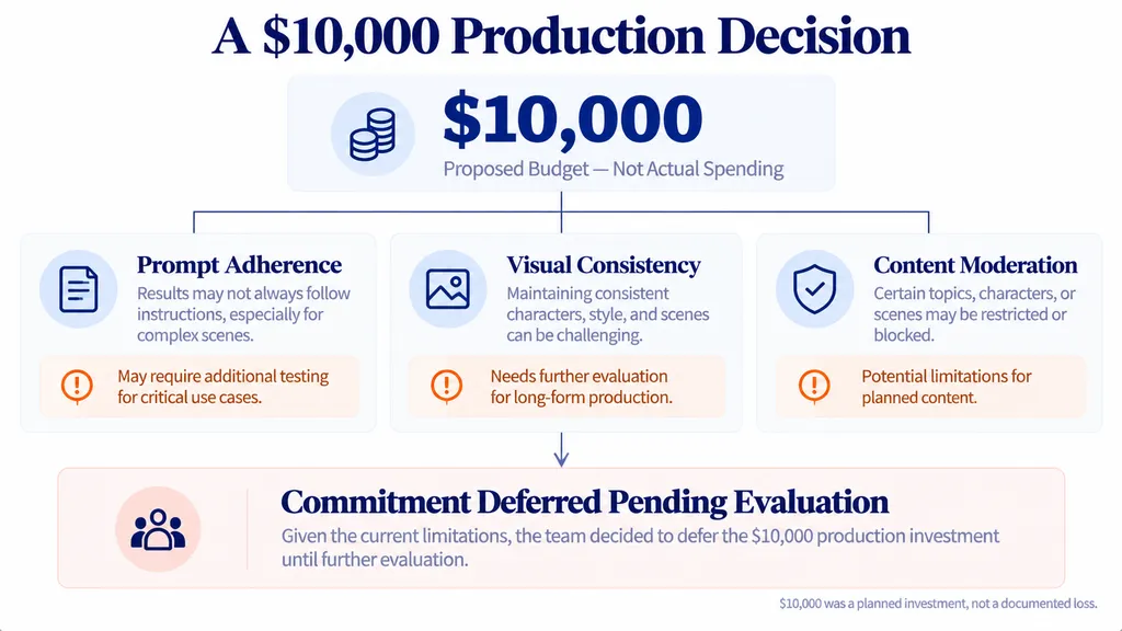 Commercial decision infographic highlighting a proposed $10,000 Kling production budget and concerns about reliability, visual consistency, and content moderation