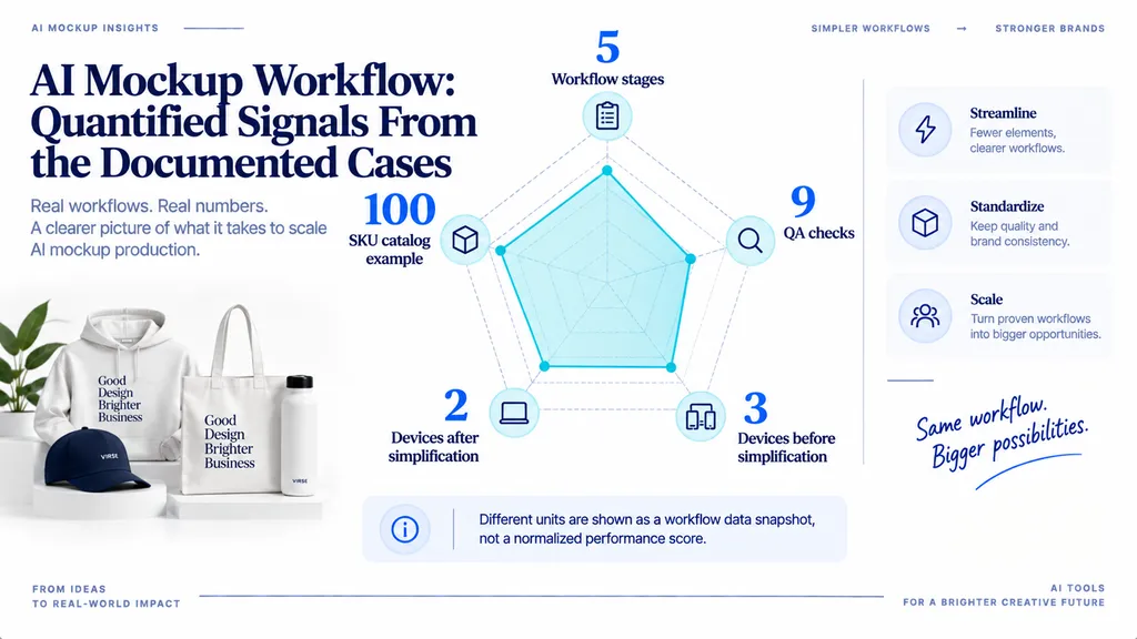 Radar-style data snapshot showing five workflow stages, nine QA checks, three devices before simplification, two devices after simplification, and a 100-SKU catalog example.