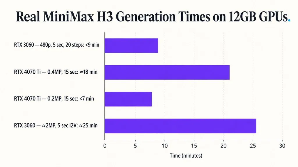Horizontal bar chart comparing four documented MiniMax H3 workloads on 12GB GPUs, ranging from under 7 minutes to about 25 minutes depending on resolution, duration, and workflow.