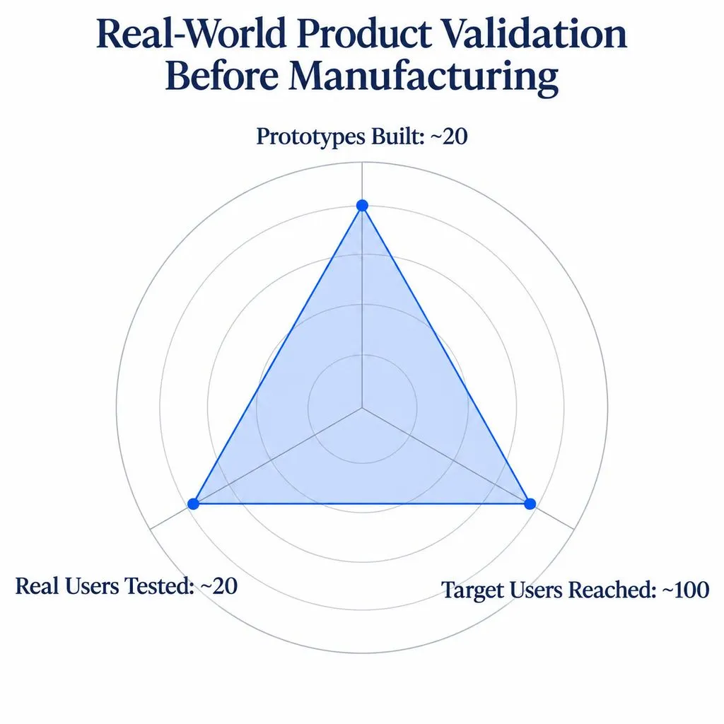 Radar chart showing approximately 20 prototypes, 100 target users reached, and 20 real users tested before manufacturing.