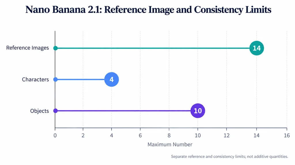Lollipop chart showing Nano Banana 2.1 supports up to 14 reference images, with documented consistency limits involving four characters and ten objects.
