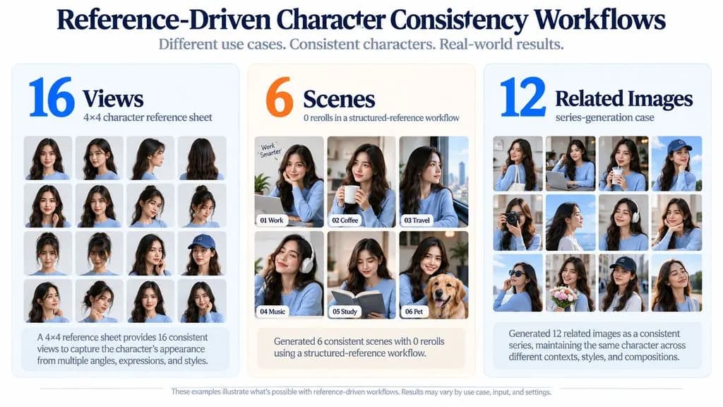 Three-panel chart showing a 16-view character reference sheet, a structured workflow that produced 6 scenes with 0 rerolls, and a separate series-generation case with 12 related images.