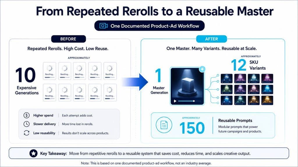 Workflow comparison showing one documented product-ad process reducing approximately 10 expensive generations to one master generation, then producing about 12 SKU variants with a library of about 150 reusable prompts.