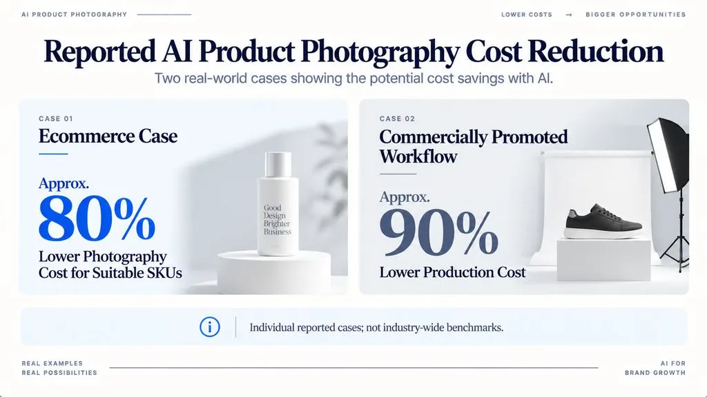Comparison chart showing an ecommerce case reporting about 80% lower photography costs and a commercially promoted workflow claiming about 90% lower production costs, with both identified as individual cases rather than industry benchmarks.