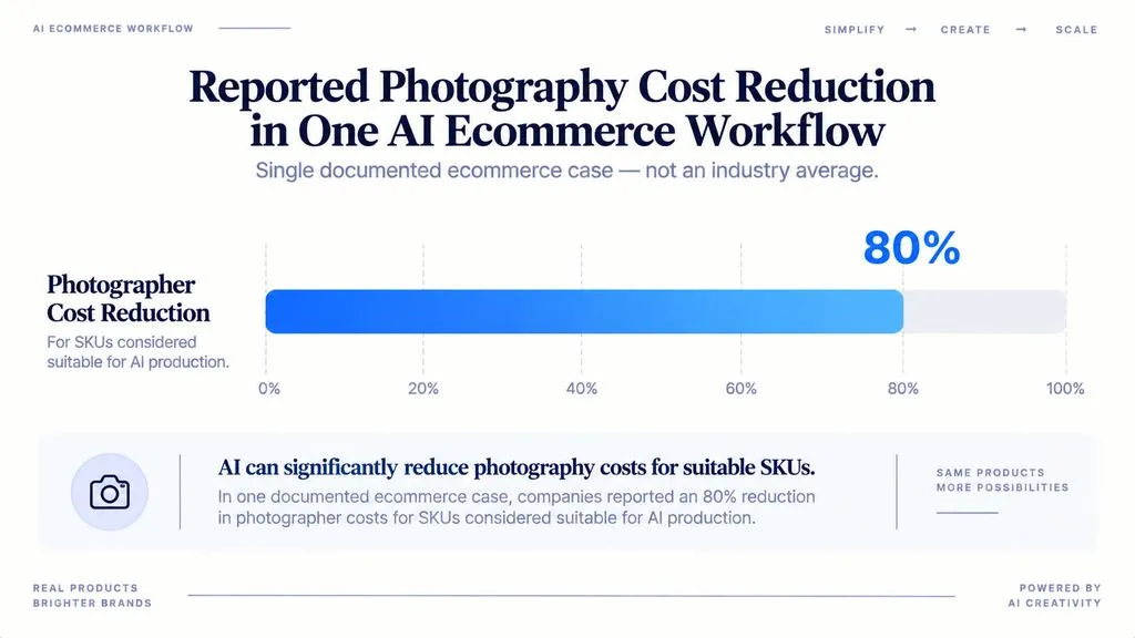 Horizontal bar chart showing an 80% reported photographer cost reduction in one documented AI ecommerce workflow for suitable SKUs.