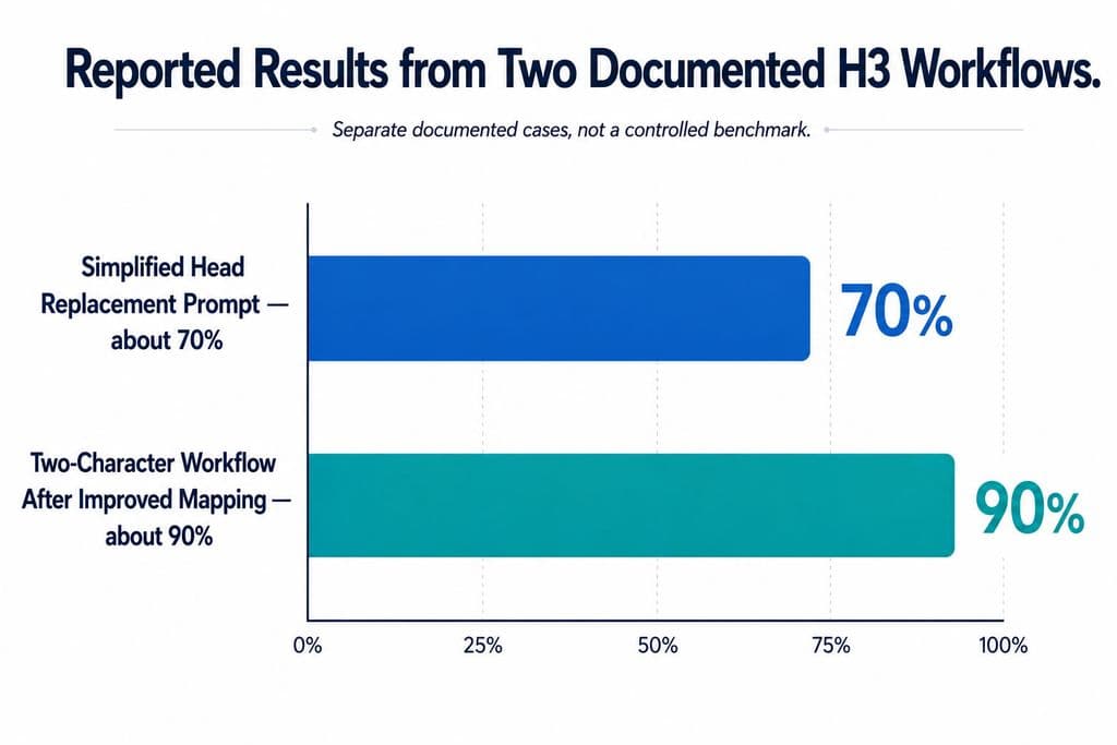 Horizontal bar chart showing about 70% strong results for a simplified H3 head-replacement workflow and about 90% reported success for a separate two-character workflow after improved mapping and retention.