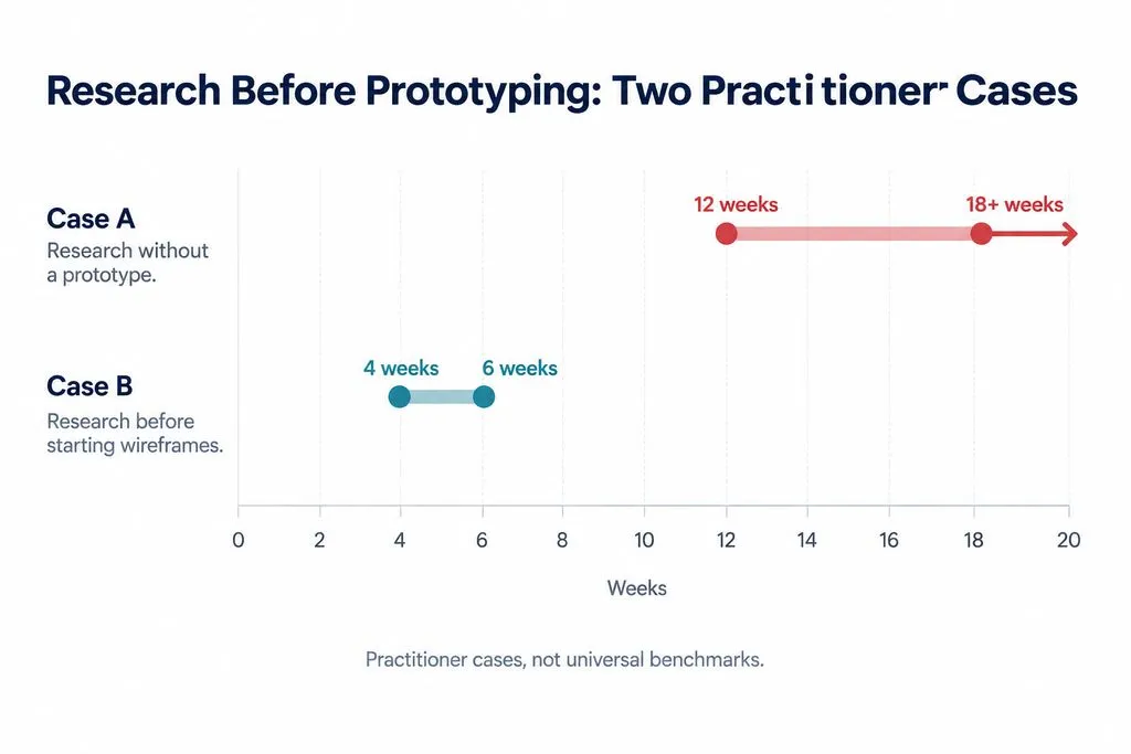 Range chart comparing two practitioner research timelines: 12 to 18-plus weeks without a prototype versus 4 to 6 weeks before beginning wireframes.