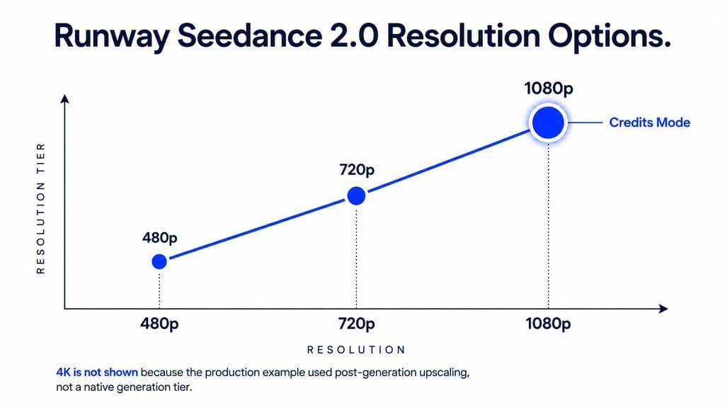 Ascending line chart showing Runway Seedance 2.0 resolution options of 480p, 720p, and 1080p, with 1080p marked as Credits Mode