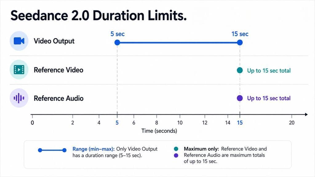 Range chart showing Seedance 2.0 video output lasts 5 to 15 seconds, while reference video and reference audio can each total up to 15 seconds.