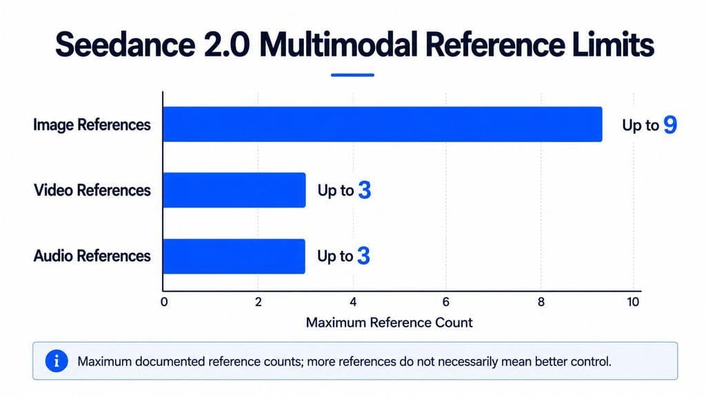 Bar chart showing Seedance 2.0 supports up to 9 image references, 3 video references, and 3 audio references.