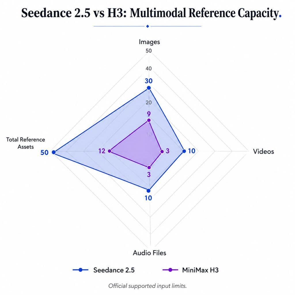 Radar chart comparing Seedance 2.5 reference limits of 30 images, 10 videos, 10 audio files and 50 total assets with H3 limits of 9 images, 3 videos, 3 audio files and 12 mixed assets.
