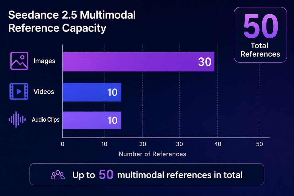Seedance 2.5 multimodal reference capacity showing up to 30 images, 10 videos, and 10 audio clips, with a maximum of 50 references in total.
