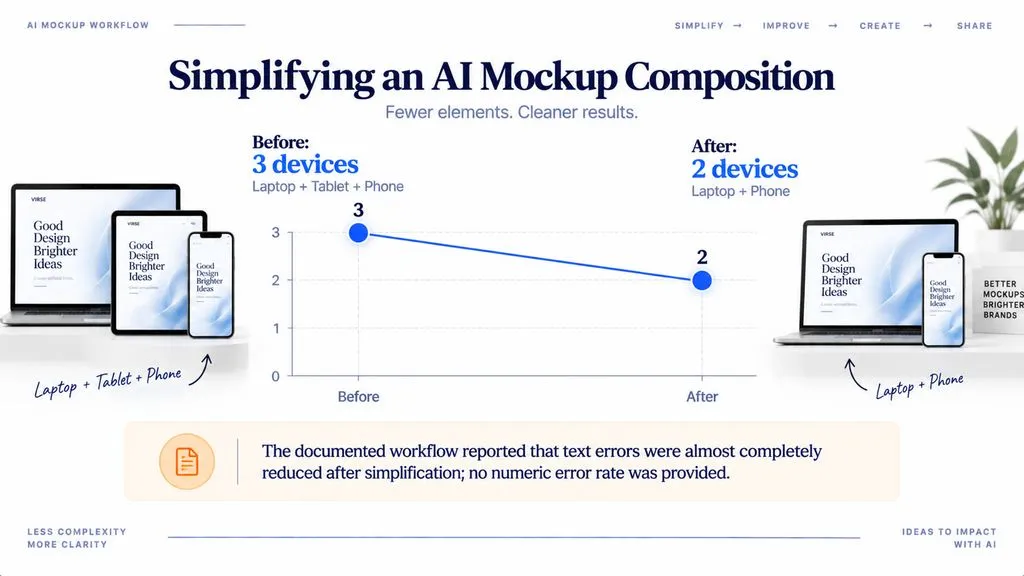 Slope chart showing an AI mockup composition simplified from three devices to two devices in a workflow that reported substantially fewer text errors.