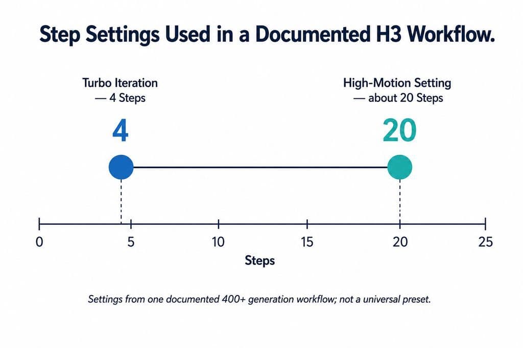 Dumbbell chart comparing 4-step Turbo iteration with about 20 steps used for more difficult high-motion sequences in one documented H3 workflow.