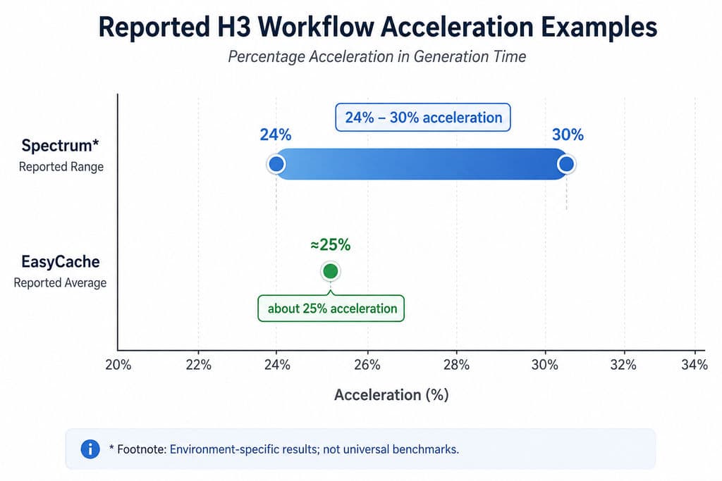Range chart showing reported MiniMax H3 workflow acceleration of 24 to 30 percent with Spectrum in one AMD environment and about 25 percent with EasyCache in one documented case.