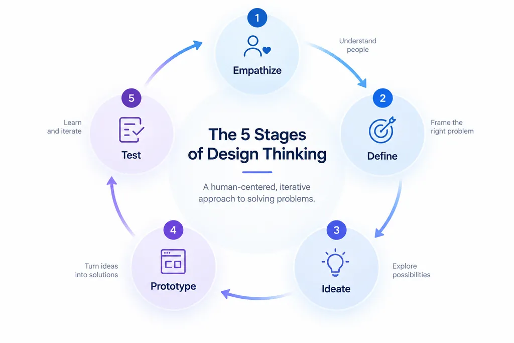 Circular diagram showing the five stages of design thinking: Empathize, Define, Ideate, Prototype, and Test, connected as an iterative loop.