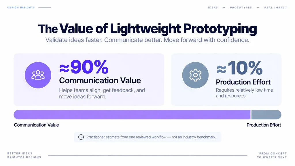 Comparison graphic showing one practitioner's estimate that lightweight prototyping delivered about 90% of the communication value with about 10% of the production effort.