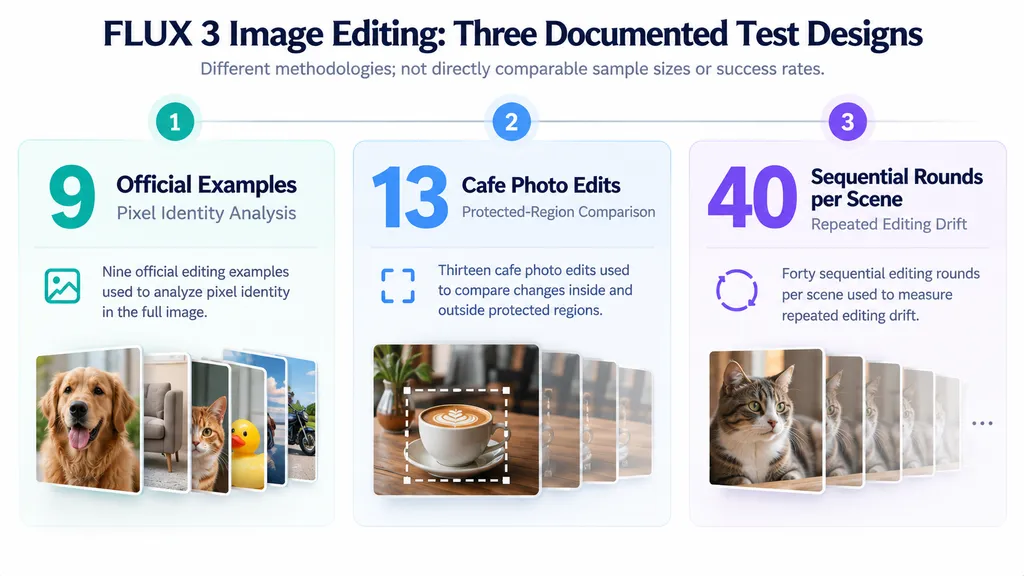 Research infographic displaying three documented FLUX 3 editing study designs: nine official examples, thirteen cafe photo edits, and forty sequential editing rounds per scene, emphasizing their different methodologies.