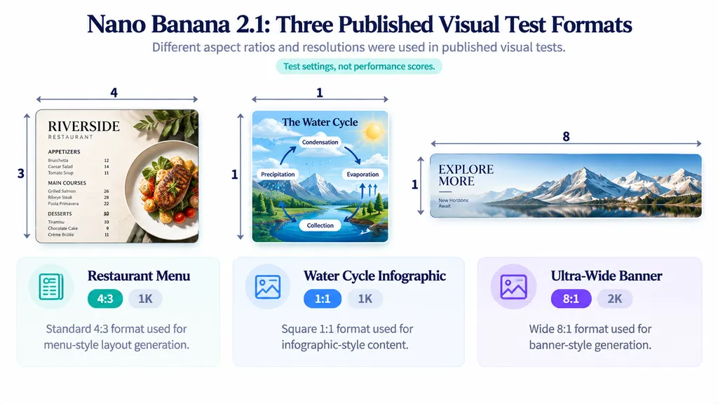 Aspect ratio comparison showing published Nano Banana 2.1 menu, water cycle infographic, and ultra-wide banner test formats at 4:3 1K, 1:1 1K, and 8:1 2K.