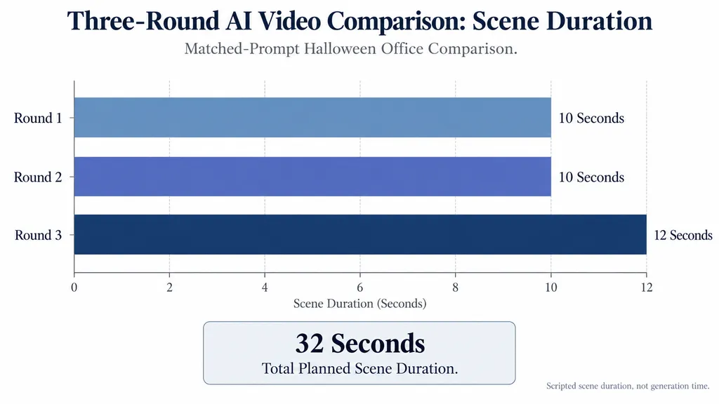 Three-round Kling 4.0 vs Seedance 2.5 comparison showing planned scene durations of 10, 10, and 12 seconds, totaling 32 seconds.