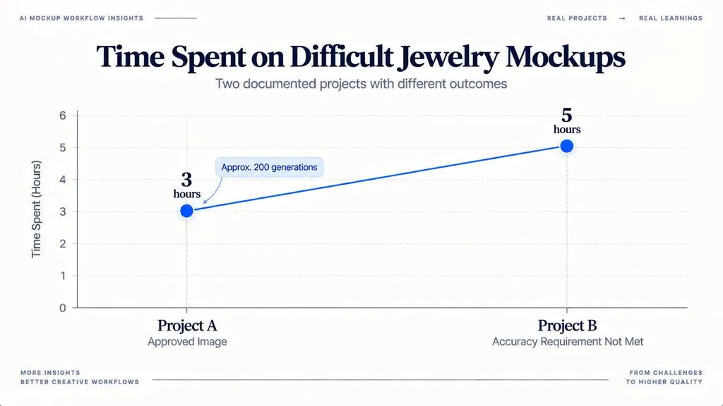 Line chart comparing two difficult jewelry mockup projects: about 3 hours for an approved image with roughly 200 generations and about 5