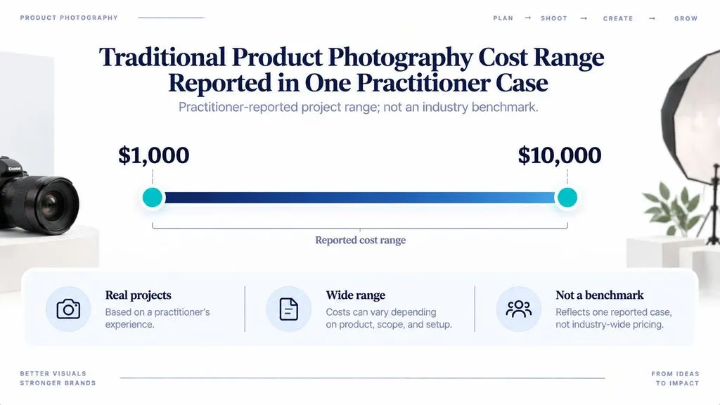 Range chart showing a practitioner-reported traditional product photography project cost of $1,000 to $10,000.