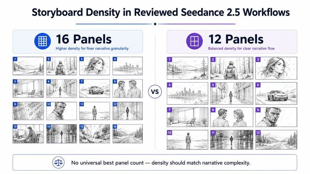 Comparison chart showing two reviewed Seedance 2.5 storyboard workflows using 16 panels and 12 panels, with a note that there is no universal best panel count.