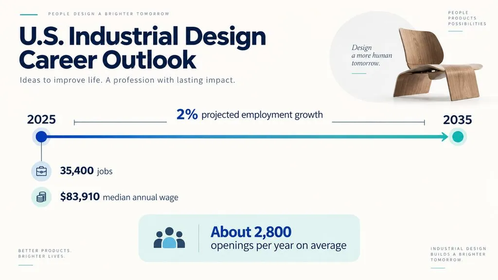 Timeline showing the U.S. industrial design career outlook: 35,400 jobs and $83,910 median annual wage in 2025, 2% projected growth from 2025 to 2035, and about 2,800 openings per year.