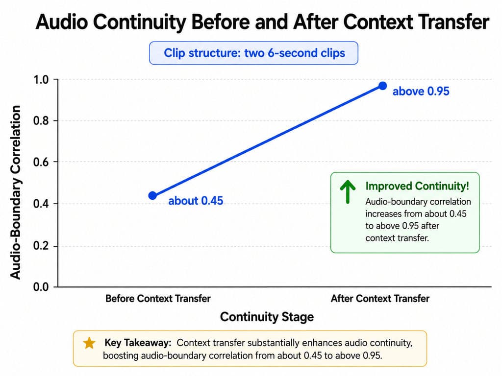 Line chart showing audio-boundary correlation improving from about 0.45 to above 0.95 when context transfer was used between two six-second MiniMax H3 clips.