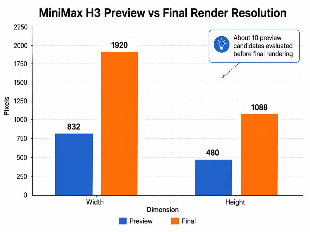 MiniMax H3 preview and final render resolution comparison showing 832 by 480 preview generation versus 1920 by 1088 final output, with about ten preview candidates tested before the final render.