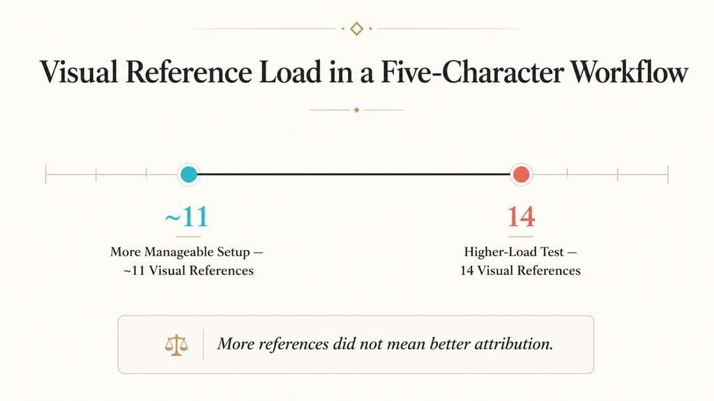 Dumbbell chart comparing approximately 11 visual references in a more manageable five-character setup with 14 visual references in the higher-load test.