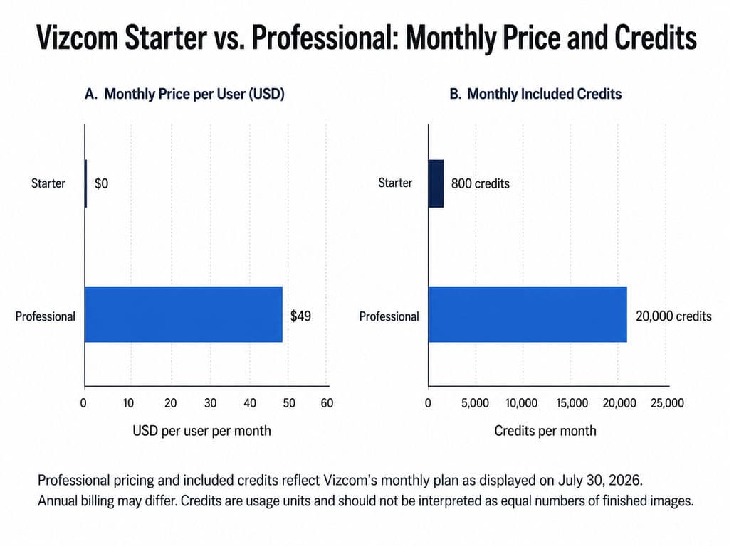 Vizcom Starter vs. Professional: Monthly Price and Credits.