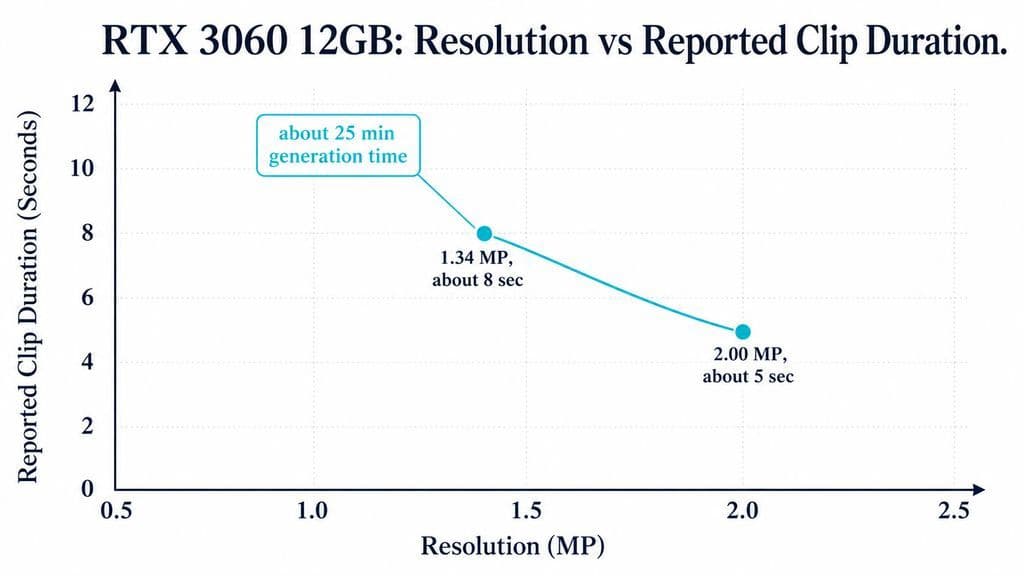 Line chart for an RTX 3060 12GB workflow showing about 8 seconds at 1.34MP and about 5 seconds at 2MP, with about 25 minutes generation time reported for the 1.34MP run.