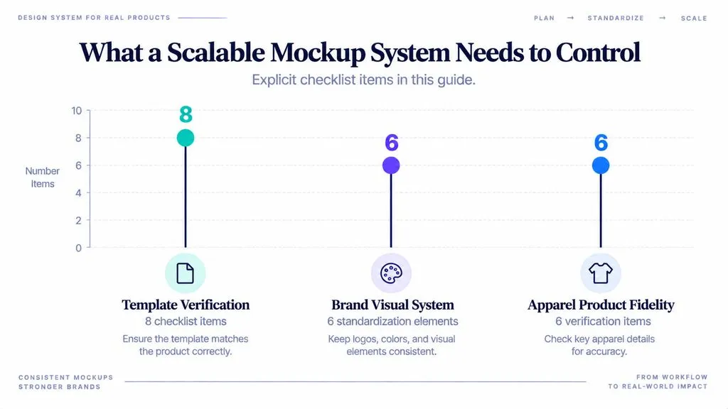 Six-axis radar-style checklist showing collar and neckline, sleeve shape, overall fit, garment proportions, fabric appearance, and printable area as product-fidelity checks for apparel mockups.