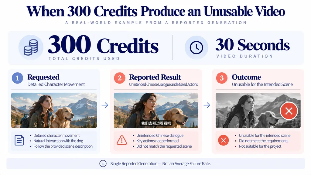 Case study of a reported Kling 4.0 generation that consumed 300 credits for a 30-second video but failed to complete the intended character actions and produced unintended Chinese dialogue.
