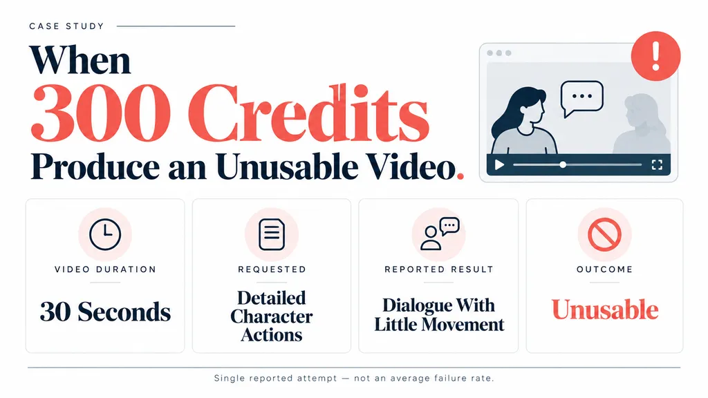 Case study infographic showing a reported Kling 4.0 generation that consumed 300 credits for a 30-second video but failed to complete the requested actions.