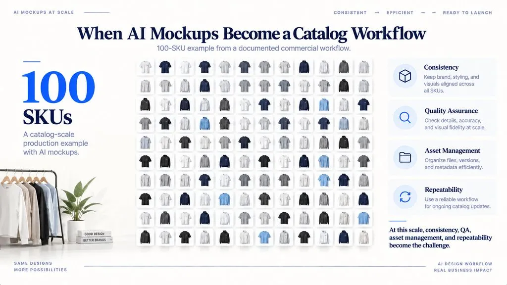 A 10 by 10 grid representing 100 SKUs, illustrating the point where AI mockup generation becomes a catalog production workflow.