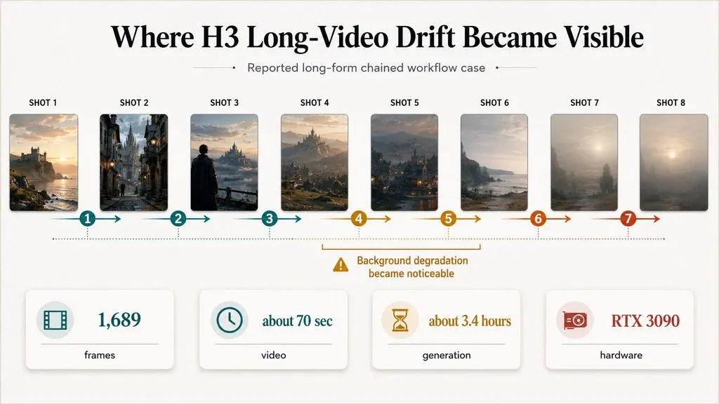 Timeline of an eight-shot H3 sequence with seven chained hops, showing background degradation becoming noticeable around the fourth or fifth hop in a 1,689-frame, approximately 70-second workflow that took about 3.4 hours on an RTX 3090.