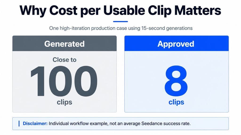 Comparison chart showing one production case with close to 100 fifteen-second generations and 8 clips approved under the creator’s quality threshold.