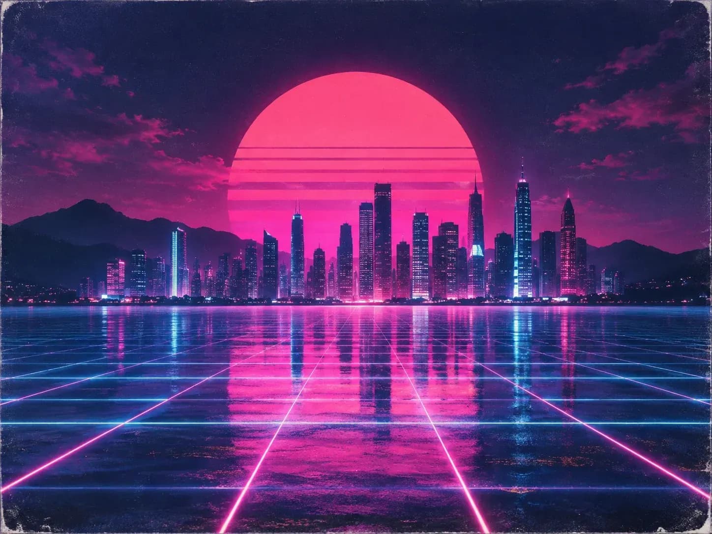 A synthwave single cover with a neon city at night