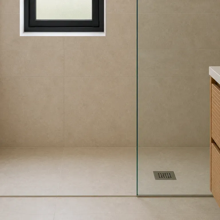 A close-up of bathroom tile and material after a redesign