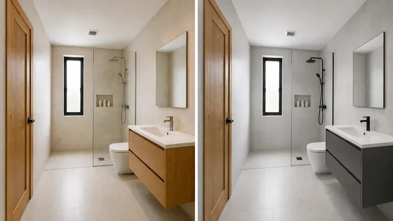 Two model interpretations of the same bathroom preview placed side by side