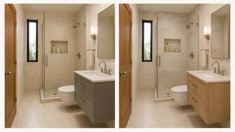 An ordinary bathroom shown before and after a redesign