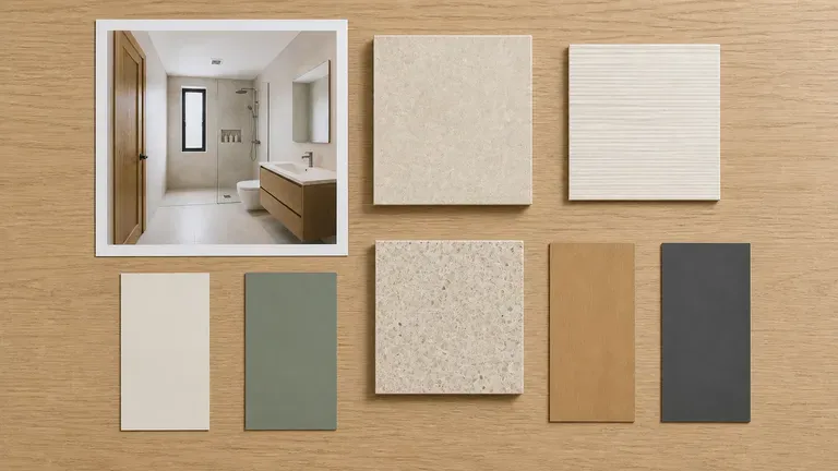 A bathroom concept preview beside tile swatches and colour cards
